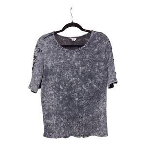 Bibi Acid Wash Grey Waffle Knit Lace Accent Short Sleeve Top Size XL EUC